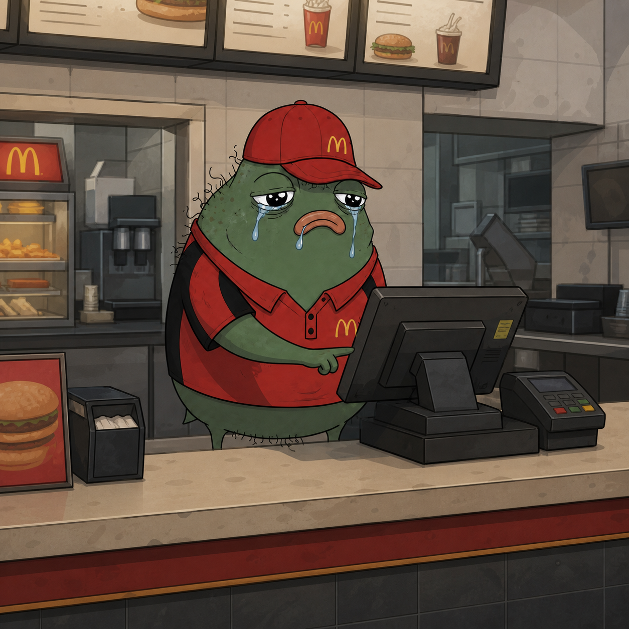 Wagestacio the frog crying behind a fast food register under the menu boards