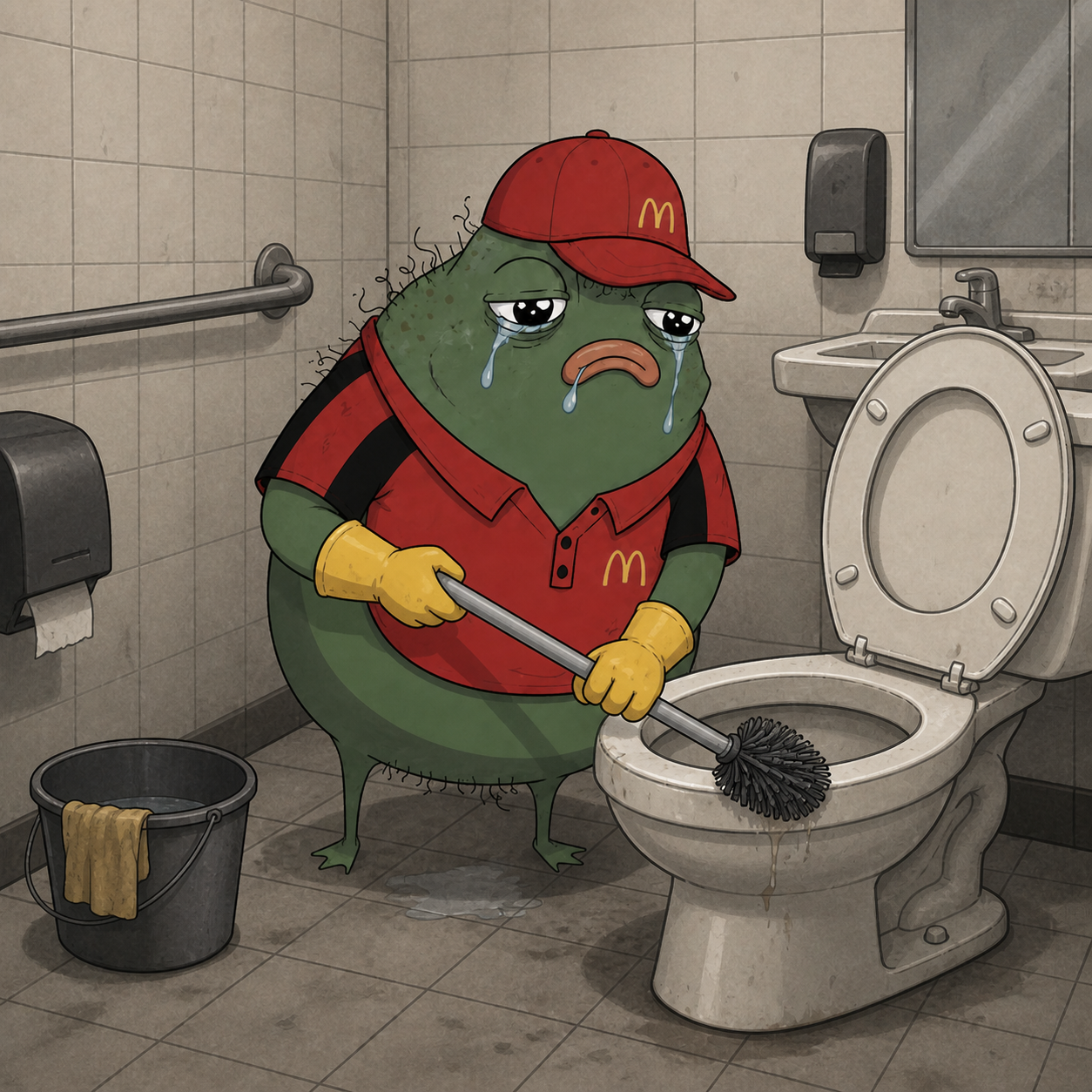 Wagestacio the frog in yellow rubber gloves scrubbing a restroom toilet